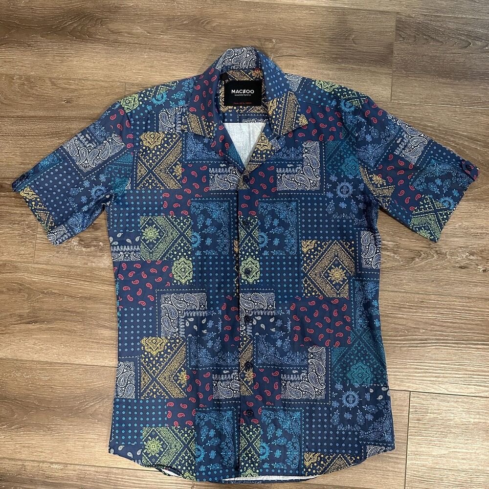Men's Maceoo Patchwork Paisley Bandana Short Sleeve Button Down Shirt Size 2 / S
